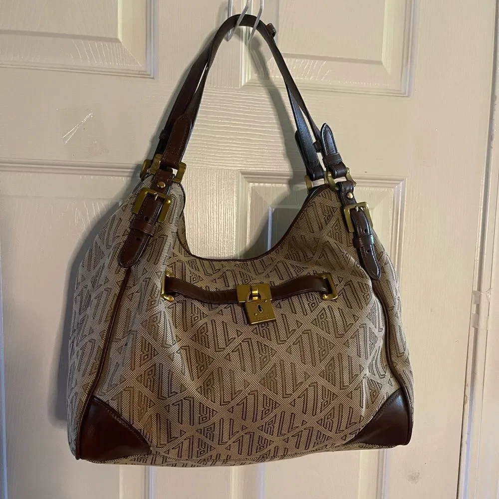 Ralph Lauren Logo Canvas khaki & brown Leather trims Hobo Bag brass hardwares.